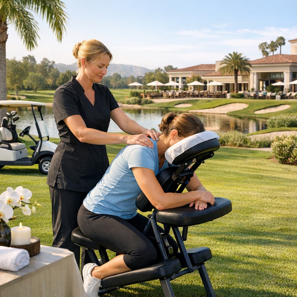 Chair massage at a country club with therapist and client, showcasing relaxation and professionalism.