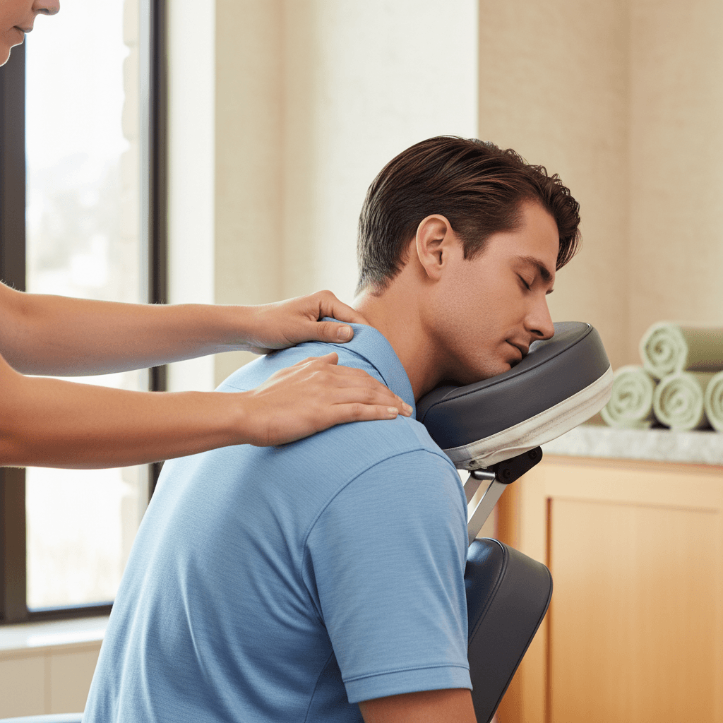 Licensed massage therapist performing chair massage on guest