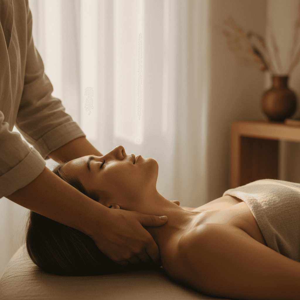 Therapist performing neck and shoulder massage on relaxed client