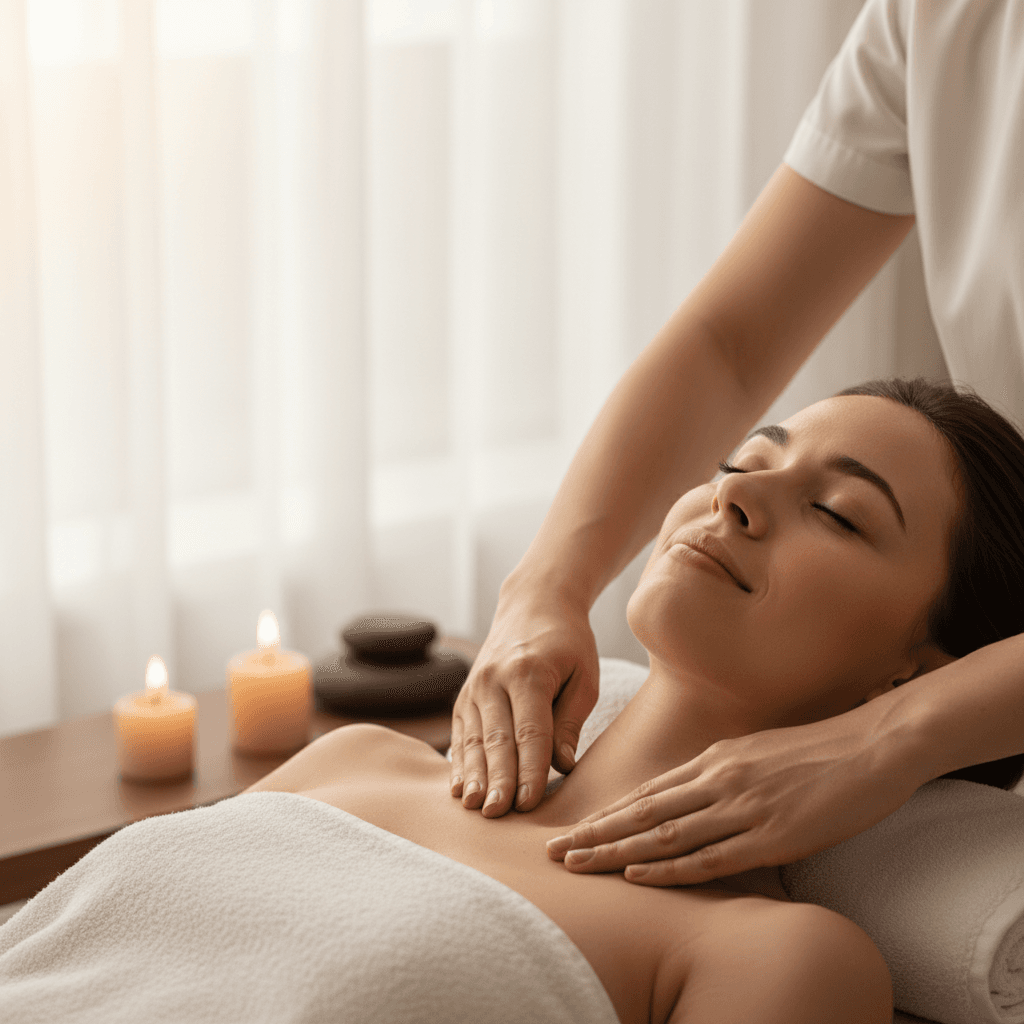 Therapist performing shoulder massage on seated client