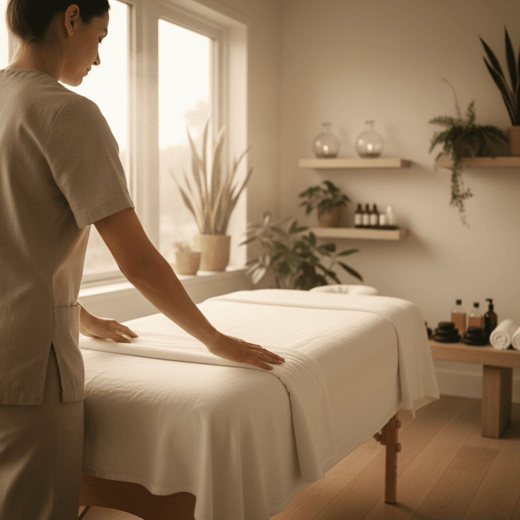 Therapists preparing premium massage station for event