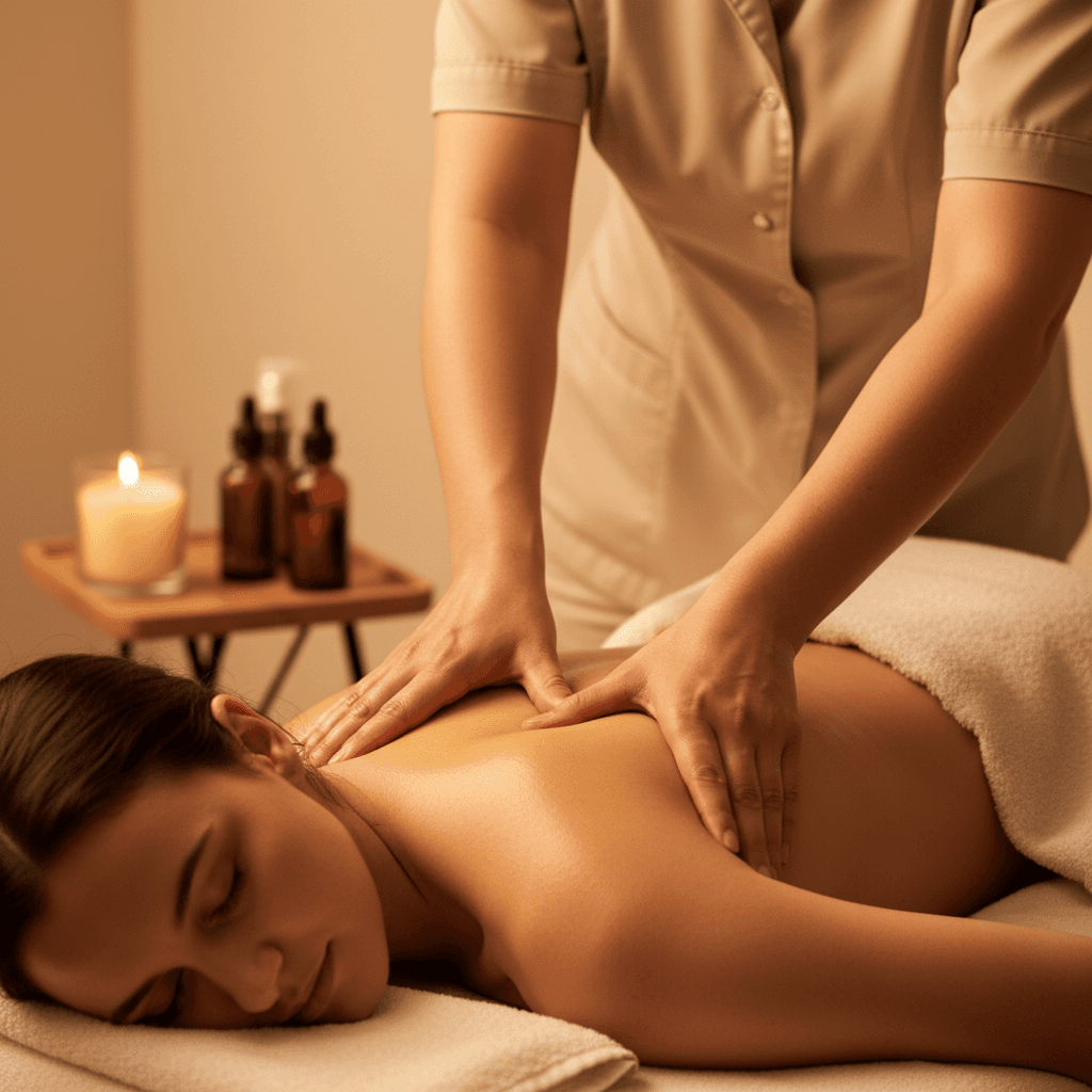 Licensed massage therapist providing shoulder and back massage to seated client